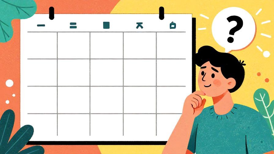 Illustration of a person looking thoughtfully at a blank grid representing a schedule, with a question mark above their head, detailed background, vibrant colors, illustrated style