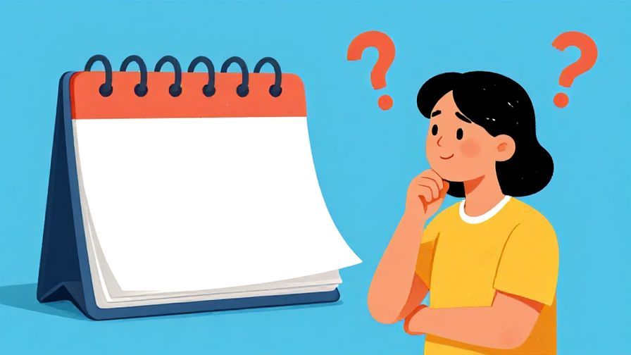 Illustration of a person looking thoughtfully at a blank calendar, a question mark floating above their head, vibrant colors, illustrated style