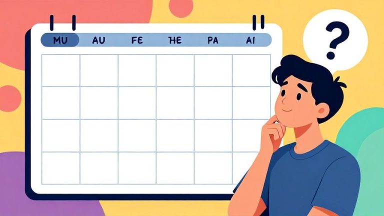 Illustration of a person looking thoughtfully at a blank schedule grid with a question mark above their head, symbolizing uncertainty about plans, detailed background, vibrant colors, illustrated style