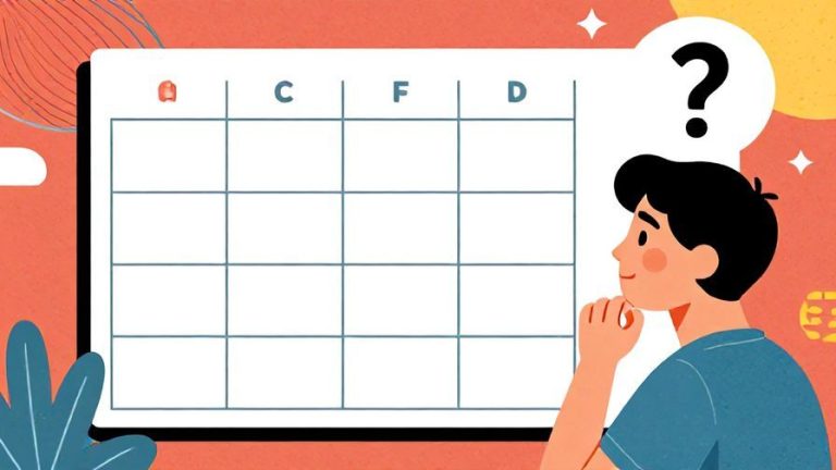 Illustration of a person looking thoughtfully at a blank grid representing a schedule, with a question mark above their head, detailed background, vibrant colors, illustrated style