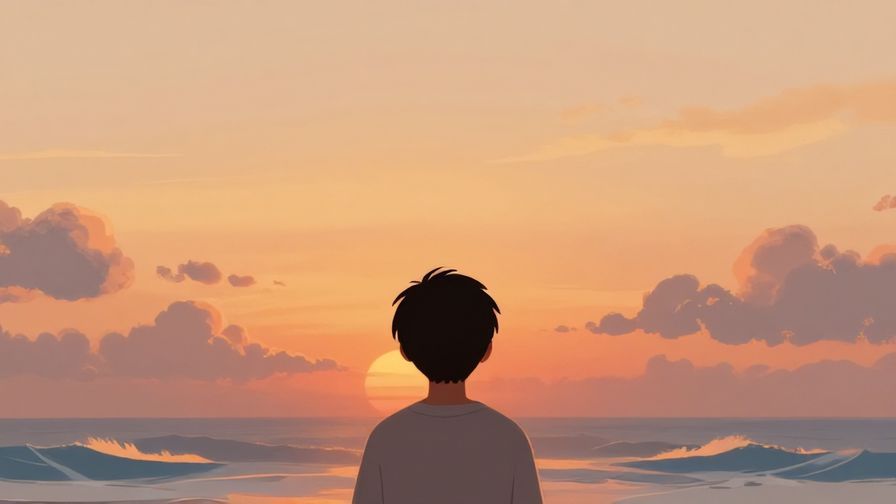 Illustration of a person looking thoughtfully at a sunset, surrounded by gentle waves and soft clouds, warm and peaceful atmosphere