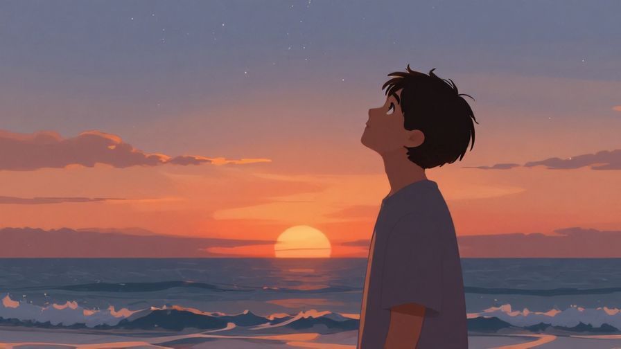 Illustration of a person looking thoughtfully at a sunset sky with stars and gentle waves, symbolizing indescribable feelings