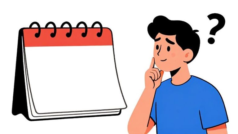 Illustration of a person looking thoughtfully at a blank calendar, with a question mark floating above their head, vibrant colors, illustrated style