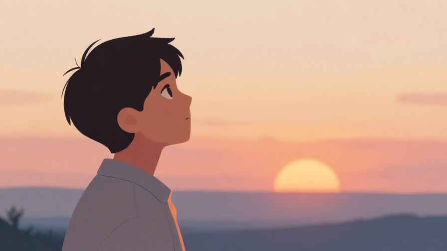 Illustration of a person looking thoughtfully at the horizon with a sunset, hopeful and determined, soft pastel colors