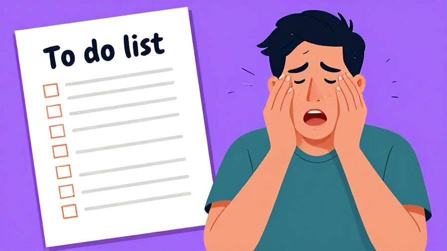Illustration of a person looking tired and overwhelmed with a long to-do list, sighing deeply, vibrant colors, illustrated style