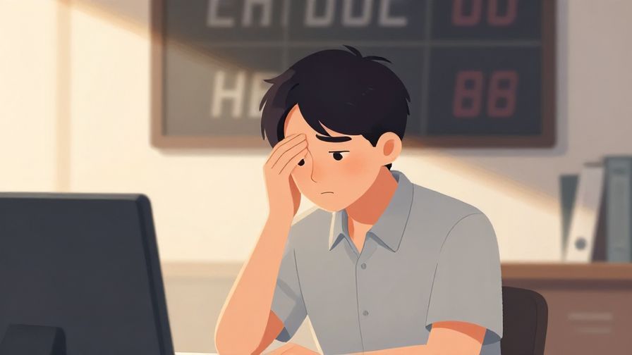 Illustration of a person looking tired but composed, with a subtle shadow of a losing scoreboard behind, neutral office setting
