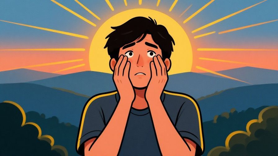 Illustration of a person looking tired but hopeful, with a sunrise in the background symbolizing new beginnings, warm colors, illustrated style