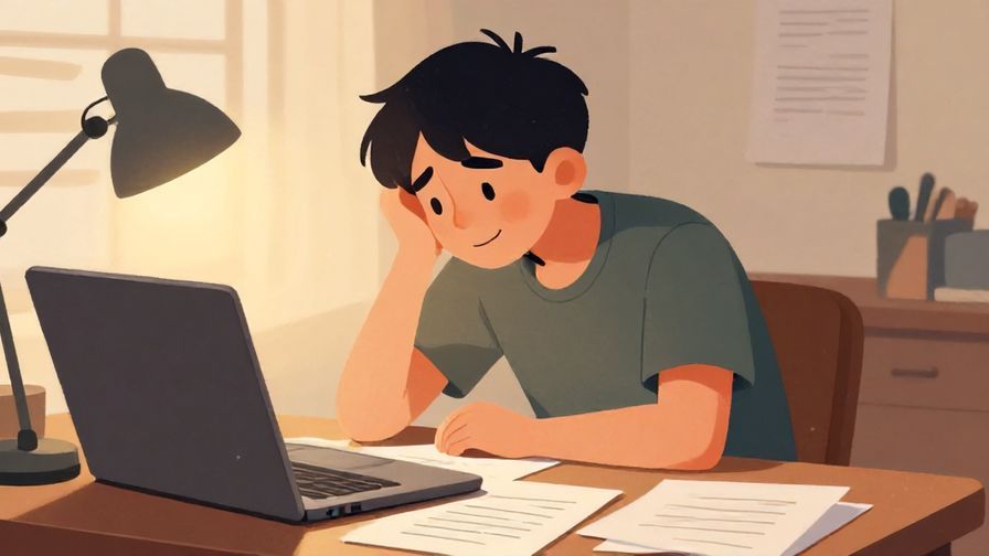 Illustration of a person looking tired but smiling, with a messy desk and scattered papers, warm lighting