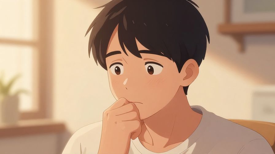 Illustration of a person looking uncertain, lightly biting their lip, soft indoor setting with warm light