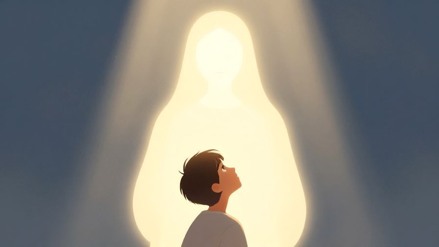 Illustration of a person looking up admiringly at a glowing figure, serene background with soft light rays