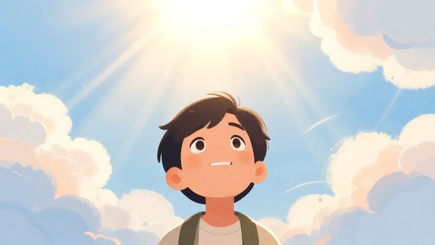 Illustration of a person looking up at a bright sky with soft clouds and sun rays, hopeful expression