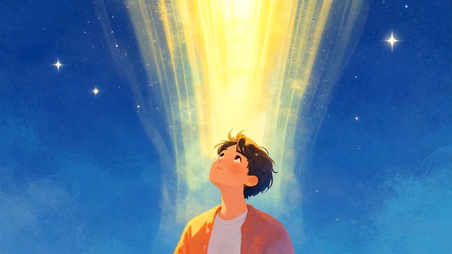 Illustration of a person looking up at a bright starry sky with soft light rays, symbolizing hope and dreams, vibrant colors, illustrated style
