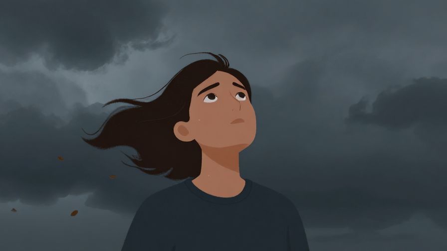 Illustration of a person looking up at darkening clouds with a thoughtful expression, gentle wind blowing leaves, and a moody sky