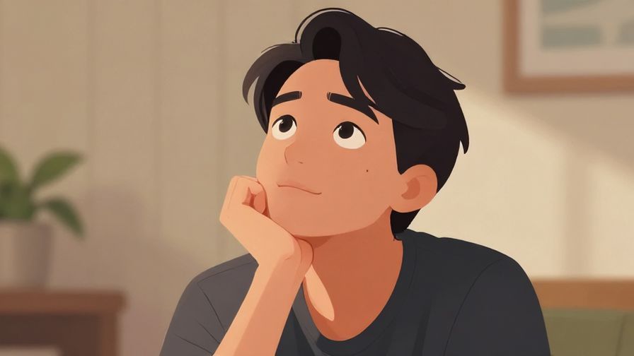 Illustration of a person looking up thoughtfully, hand on chin, casual setting with soft lighting