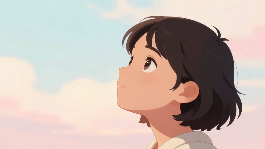 Illustration of a person looking up thoughtfully, soft pastel sky background