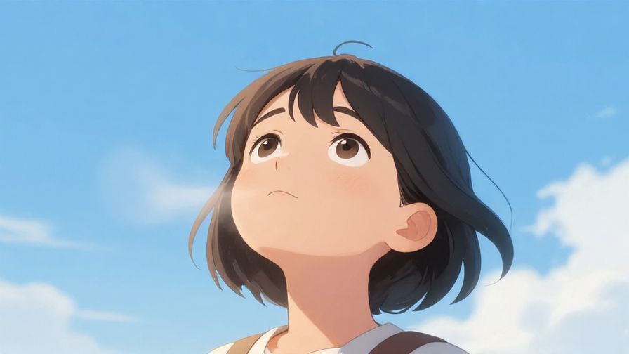 Illustration of a person looking upwards with hopeful eyes under a clear blue sky, surrounded by soft glowing light and gentle breeze