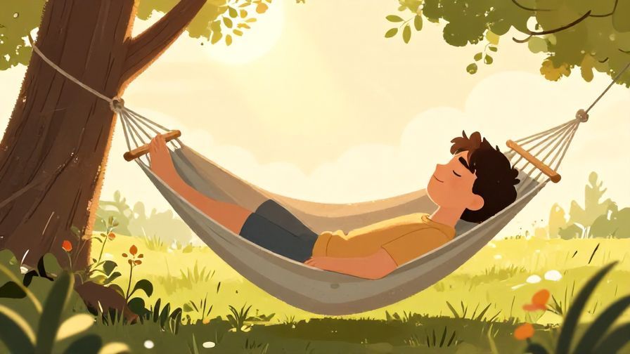 Illustration of a person lying in a hammock under a tree with eyes closed, peaceful smile, warm sunlight