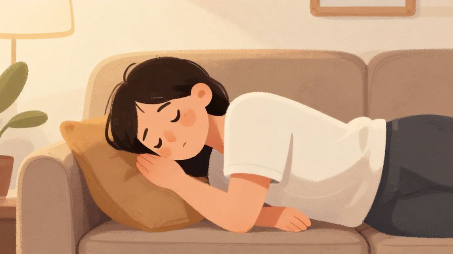 Illustration of a person lying on a couch with a tired expression, soft lighting and cozy room, warm illustrated style