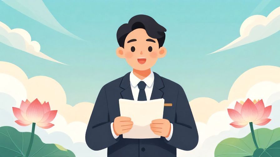 Illustration of a person making a formal speech with solemn expression, lotus flowers and heavenly clouds in the background