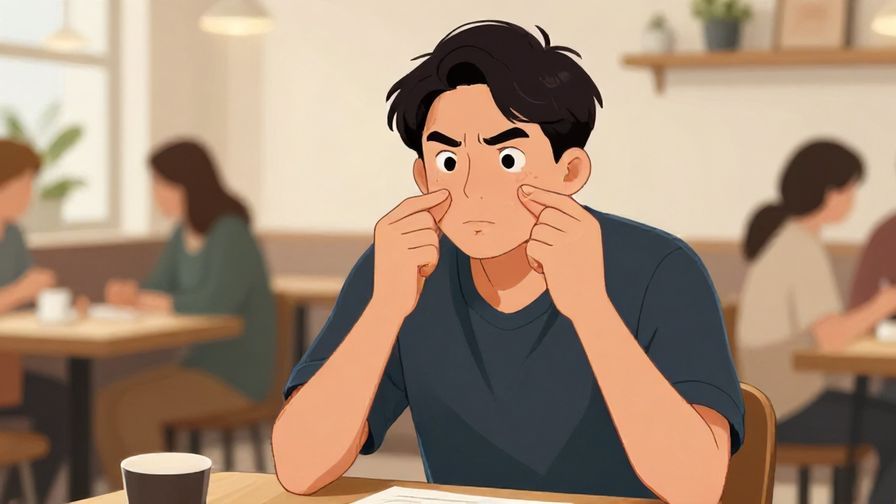 Illustration of a person making a funny face while correcting a friend’s awkward speaking style, casual café background, illustrated style