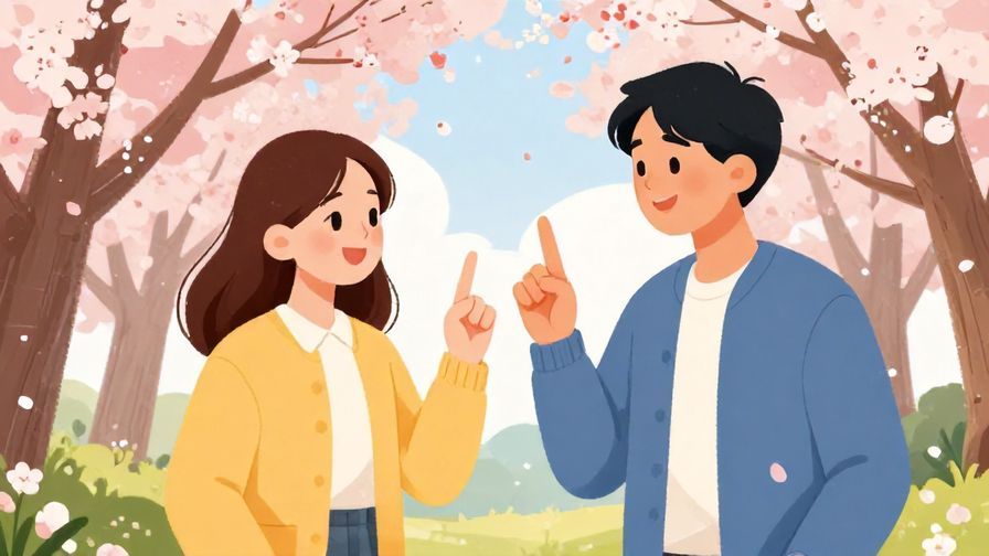 Illustration of a person making a pinky promise with a friend, both smiling under cherry blossoms in spring, warm vibrant colors