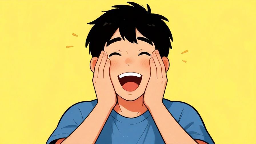 Illustration of a person making a surprised face while laughing, with lighthearted atmosphere and bright colors