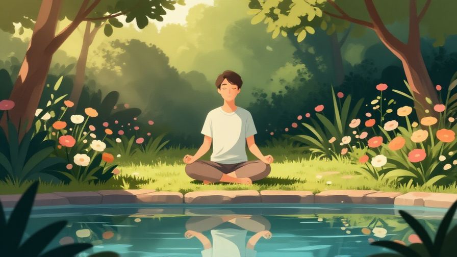 Illustration of a person meditating calmly in a garden with soft light and tranquil water reflections