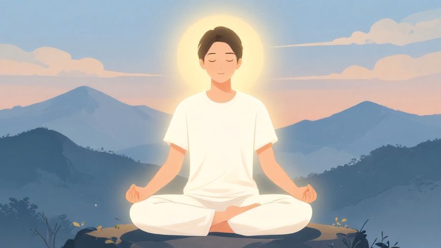 Illustration of a person meditating calmly with a glowing aura, peaceful nature background with mountains and skies
