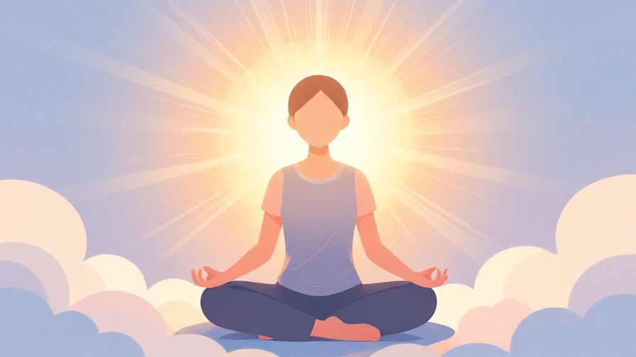 Illustration of a person meditating peacefully with light rays around their head, surrounded by soft clouds and gentle colors