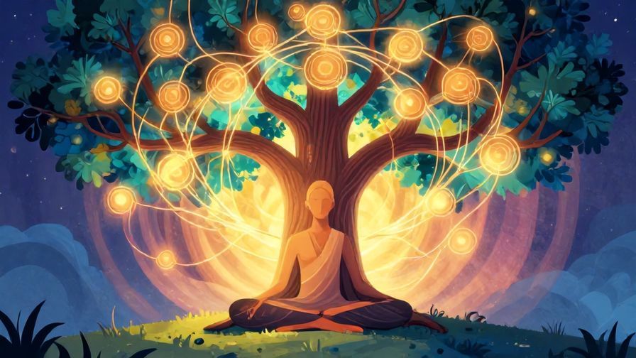 Illustration of a person meditating under a Bodhi tree with glowing karmic threads swirling around, peaceful and spiritual atmosphere, vibrant colors, illustrated style