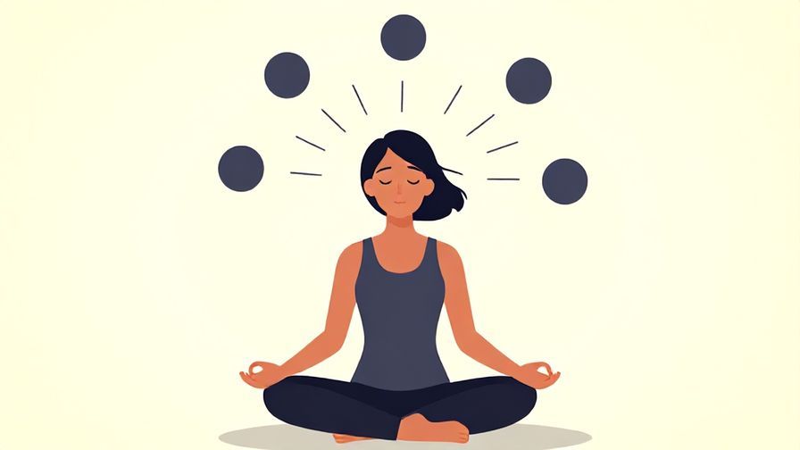 Illustration of a person meditating with a gentle breeze blowing away dark shapes from their head, soft background