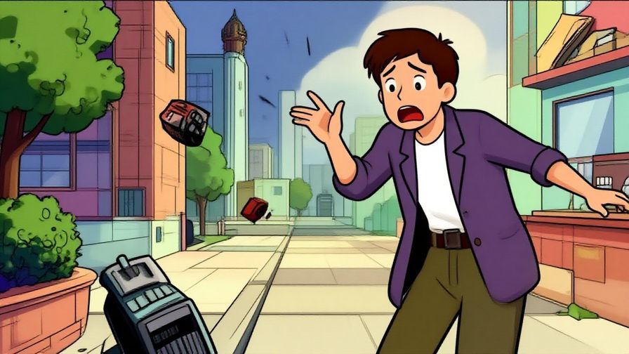 Illustration of a person narrowly escaping a falling object, with a shocked but relieved expression, detailed background, vibrant colors, illustrated style