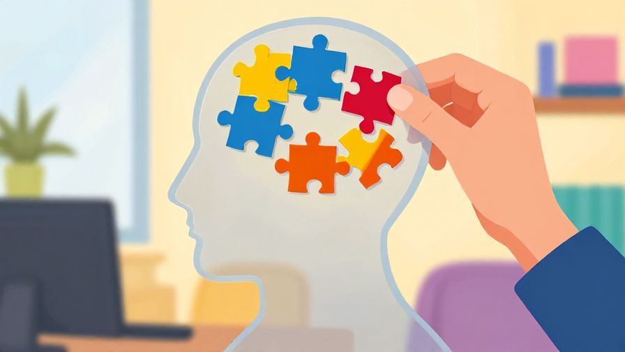 Illustration of a person neatly arranging puzzle pieces inside a transparent head silhouette, colorful office background