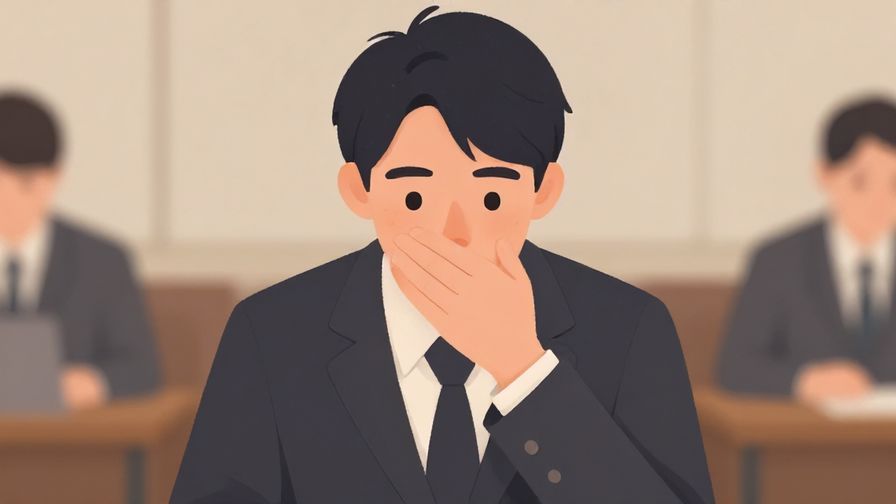 Illustration of a person nervously covering their mouth in a formal setting, muted colors, gentle light