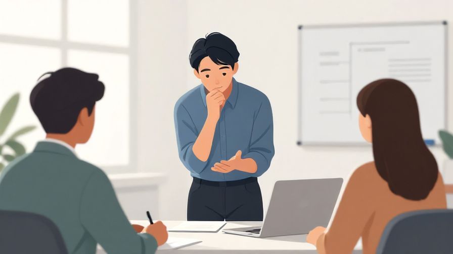 Illustration of a person nodding politely while explaining something to colleagues in a modern office, soft lighting, illustrated style
