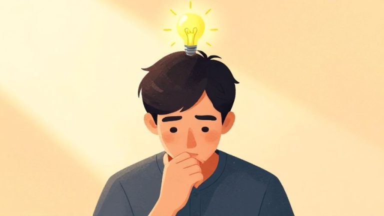 Illustration of a person nodding thoughtfully with a lightbulb above their head, warm sunny background with soft colors, illustrated style