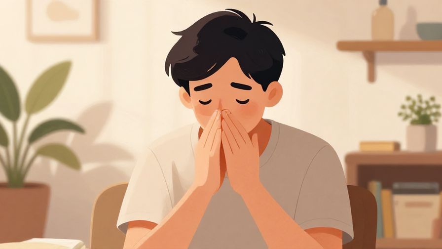 Illustration of a person nodding with a slight smile, cozy home interior