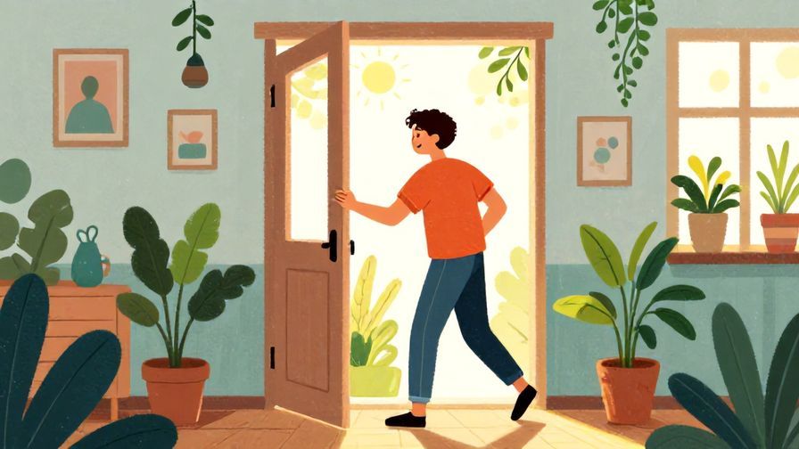 Illustration of a person opening a door to a bright room filled with plants and sunlight, hopeful expression, vibrant colors, illustrated style