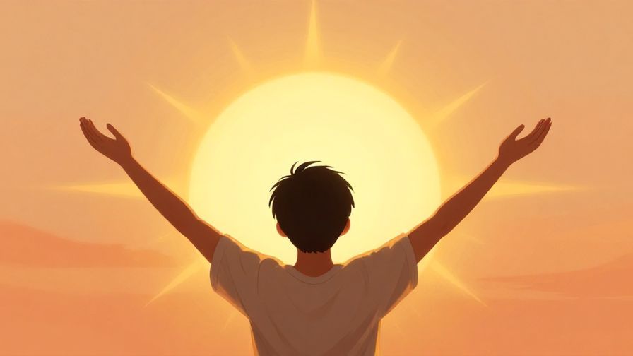 Illustration of a person opening arms wide towards a glowing sunrise, symbolizing acceptance of change, warm colors, illustrated style