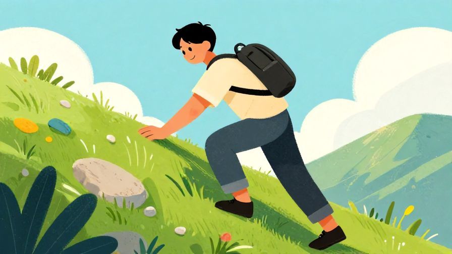 Illustration of a person patiently climbing a steep hill with a gentle smile, symbolizing perseverance and endurance, vibrant colors, illustrated style
