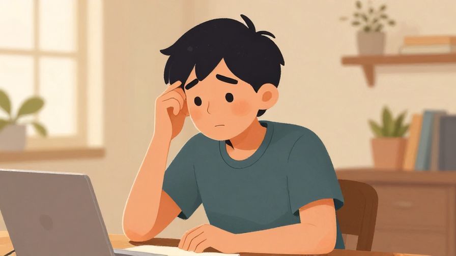 Illustration of a person pausing mid-sentence, scratching their head, with a thoughtful expression in a cozy room