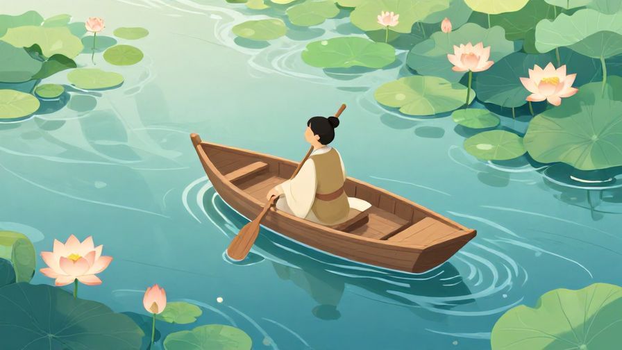 Illustration of a person peacefully floating down a gentle river on a small boat, surrounded by blooming lotus flowers and soft sunlight