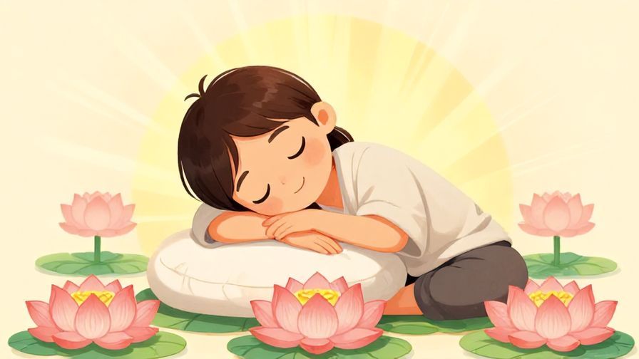 Illustration of a person peacefully resting with a gentle smile surrounded by lotus flowers and soft rays, symbolizing comfort and sweetness