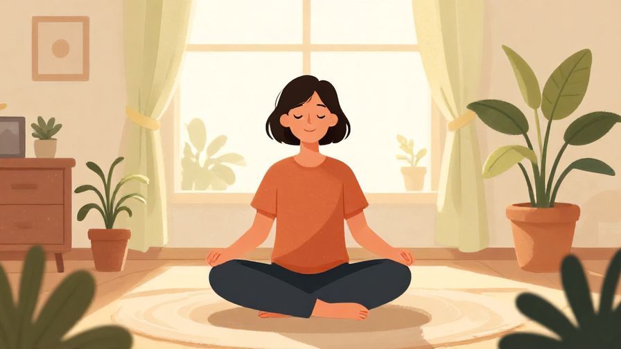 Illustration of a person peacefully sitting in a sunlit room with plants, radiating calm and contentment