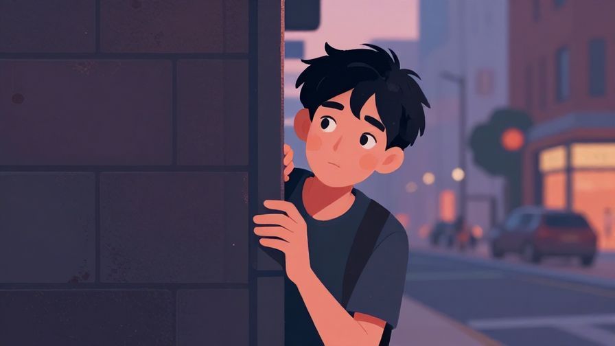 Illustration of a person peeking around a corner with a cautious look, urban street background, twilight colors