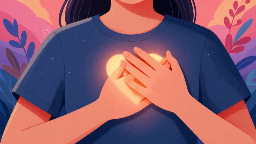 Illustration of a person placing a hand over their chest with a soft glowing heart-shaped light, detailed background, vibrant colors, illustrated style