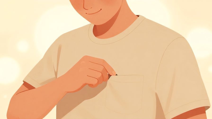 Illustration of a person placing a small object into their chest pocket with a warm smile, soft glowing background
