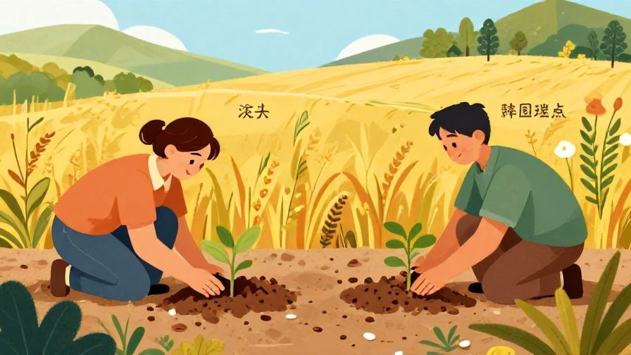 Illustration of a person planting seeds and later harvesting crops, showing actions leading to results, warm and bright colors, illustrated style