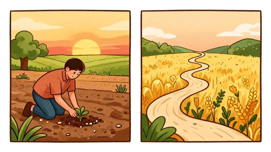 Illustration of a person planting seeds in one panel and harvesting crops in another, connected by a flowing path, with a sunset in the background, warm colors, illustrated style