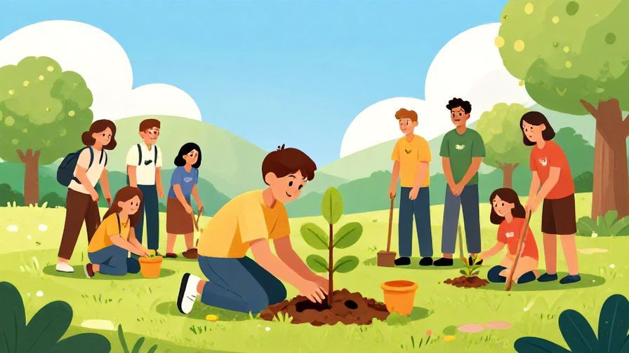 Illustration of a person planting trees with a group of volunteers, bright sunny day, hopeful expressions